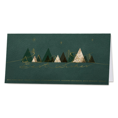 Groene zakelijke kerstkaart met trendy kerstbomen en details in goudfolie  (842.008)